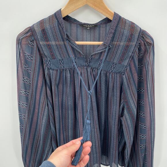 Lucky Brand Navy Print Long Sleeve Lightweight Peasant Blouse // S - Picture 5 of 6